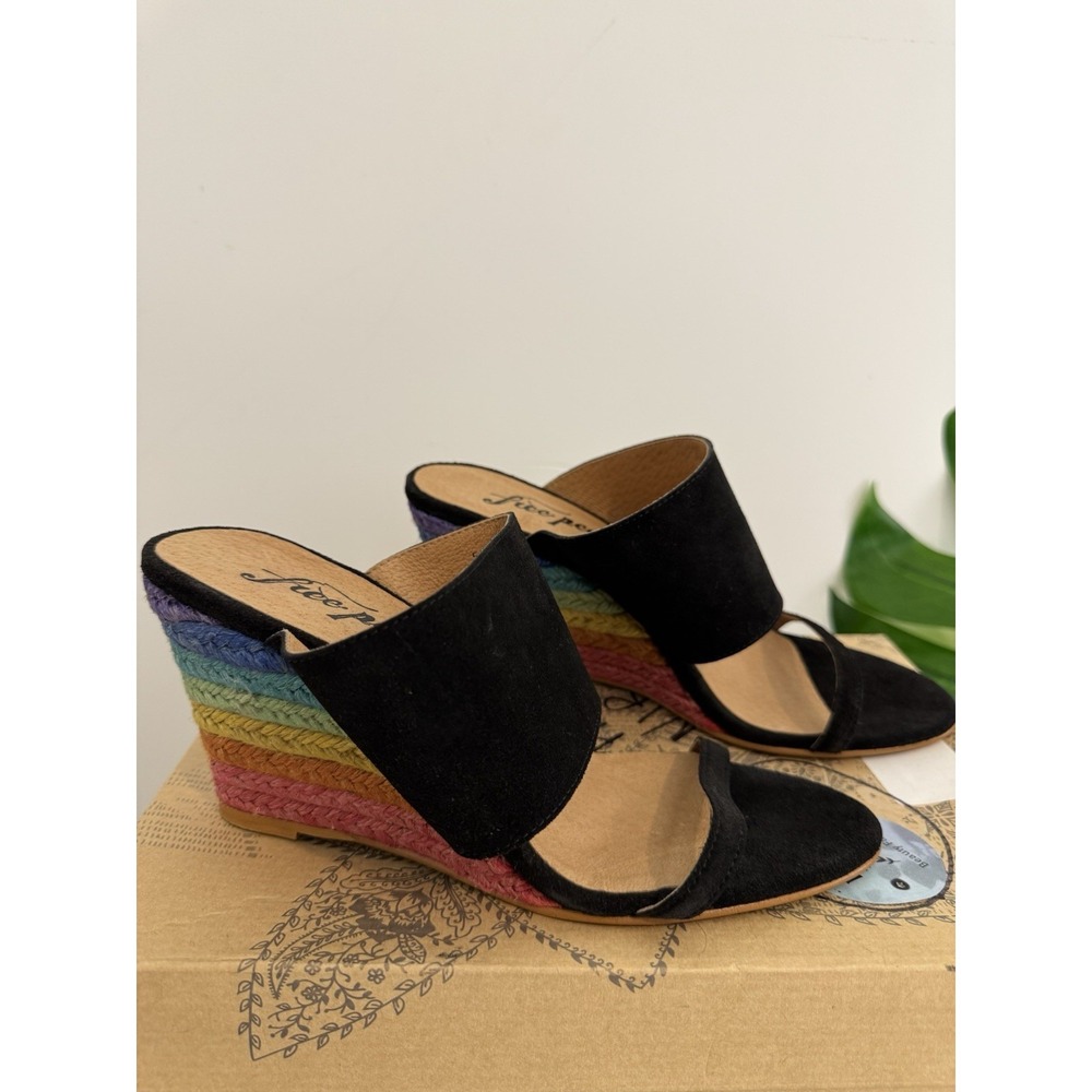 Free‎ People Women's Glorieta Black Suede Espadrille Rainbow Wedge Sz 38 NIB